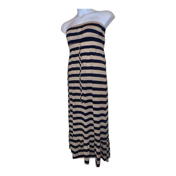 MAXI DRESS Braided Optional STRAPS ELASTIC WAIST Tie NAVY BLUE TAN Striped - Picture 3 of 4